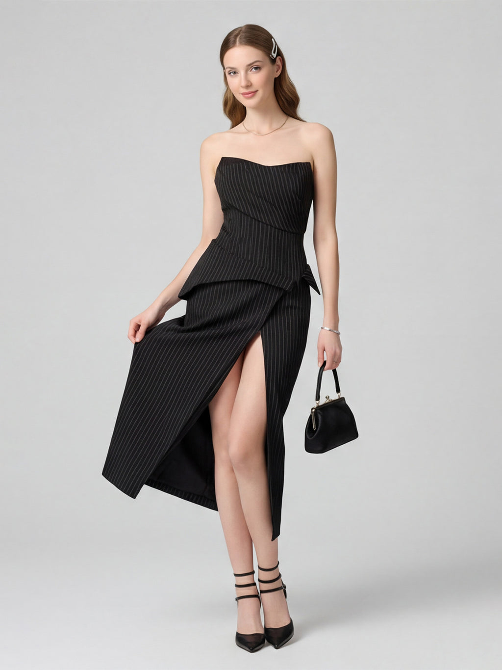 Elegant Black Stretch Crepe column Straight Neck Back Zip with Pleated Ankle-Length Bridesmaid Dress