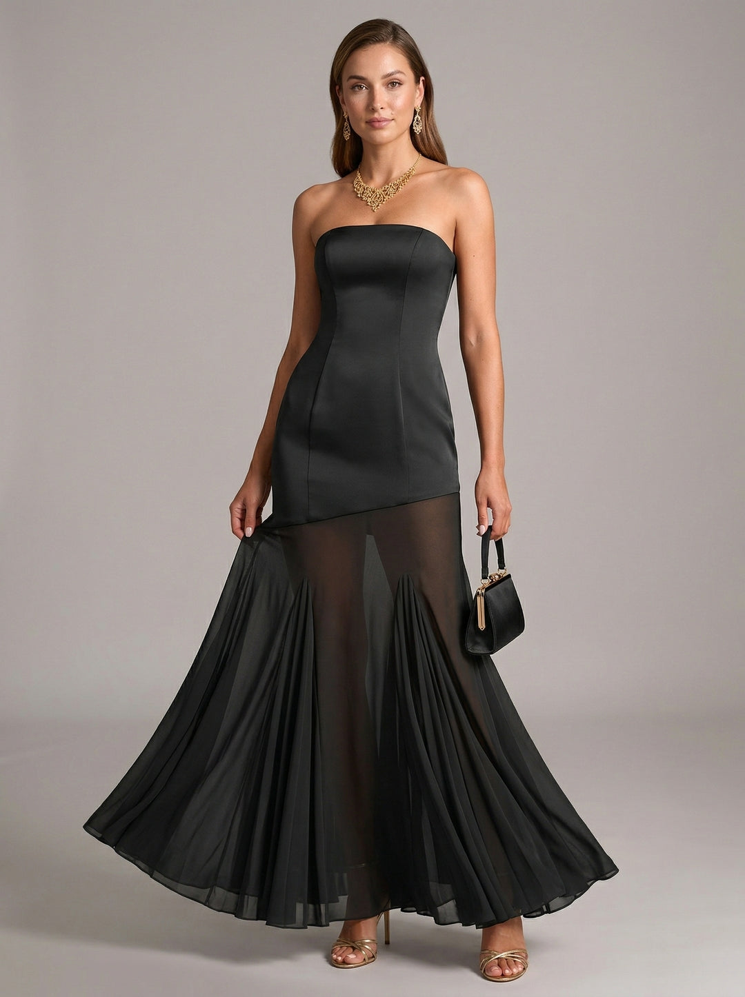 Elegant Black Chiffon mermaid Off-the-Shoulder Back Zip Ankle-Length Bridesmaid Dress