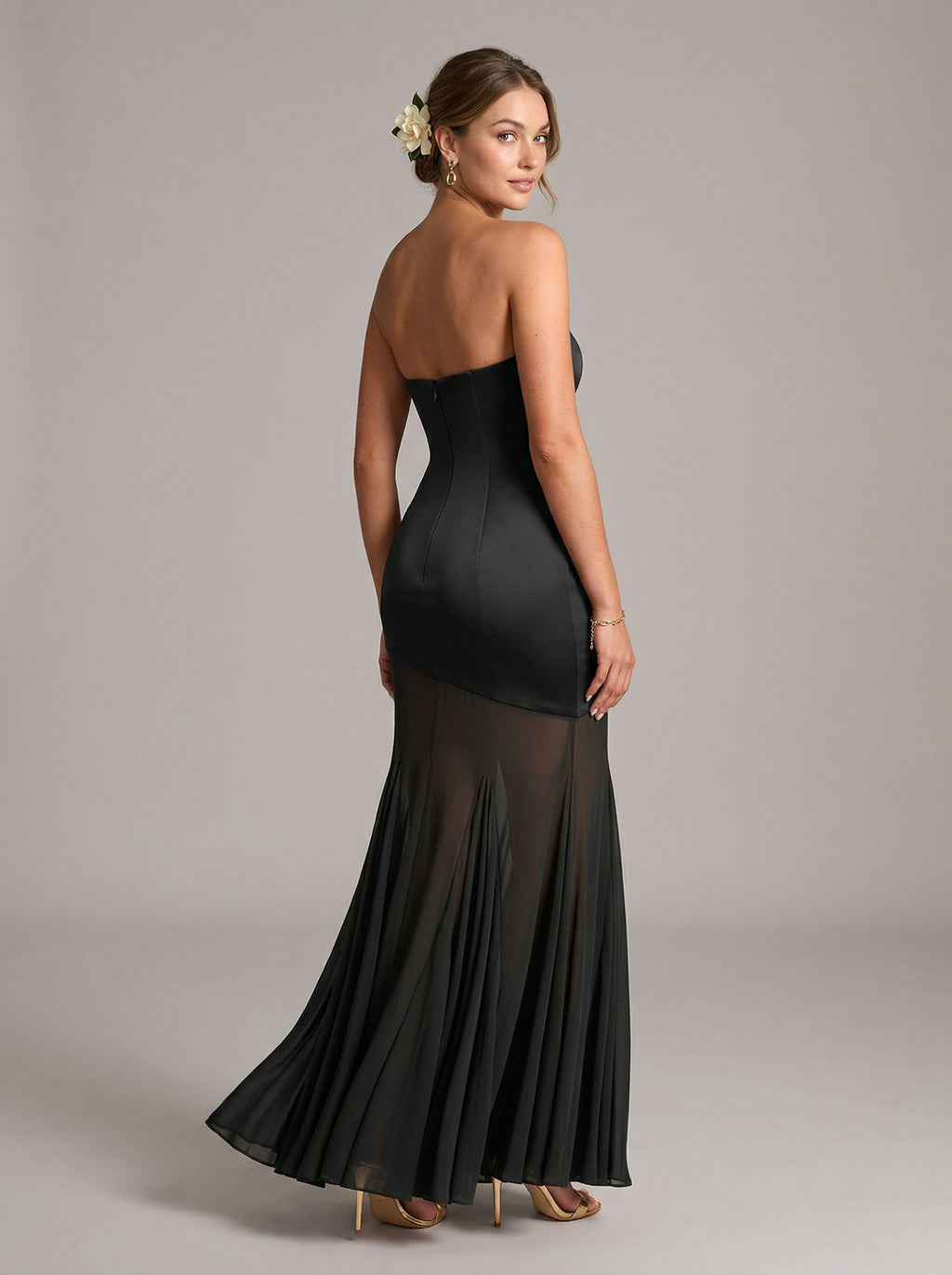 Elegant Black Chiffon mermaid Off-the-Shoulder Back Zip Ankle-Length Bridesmaid Dress