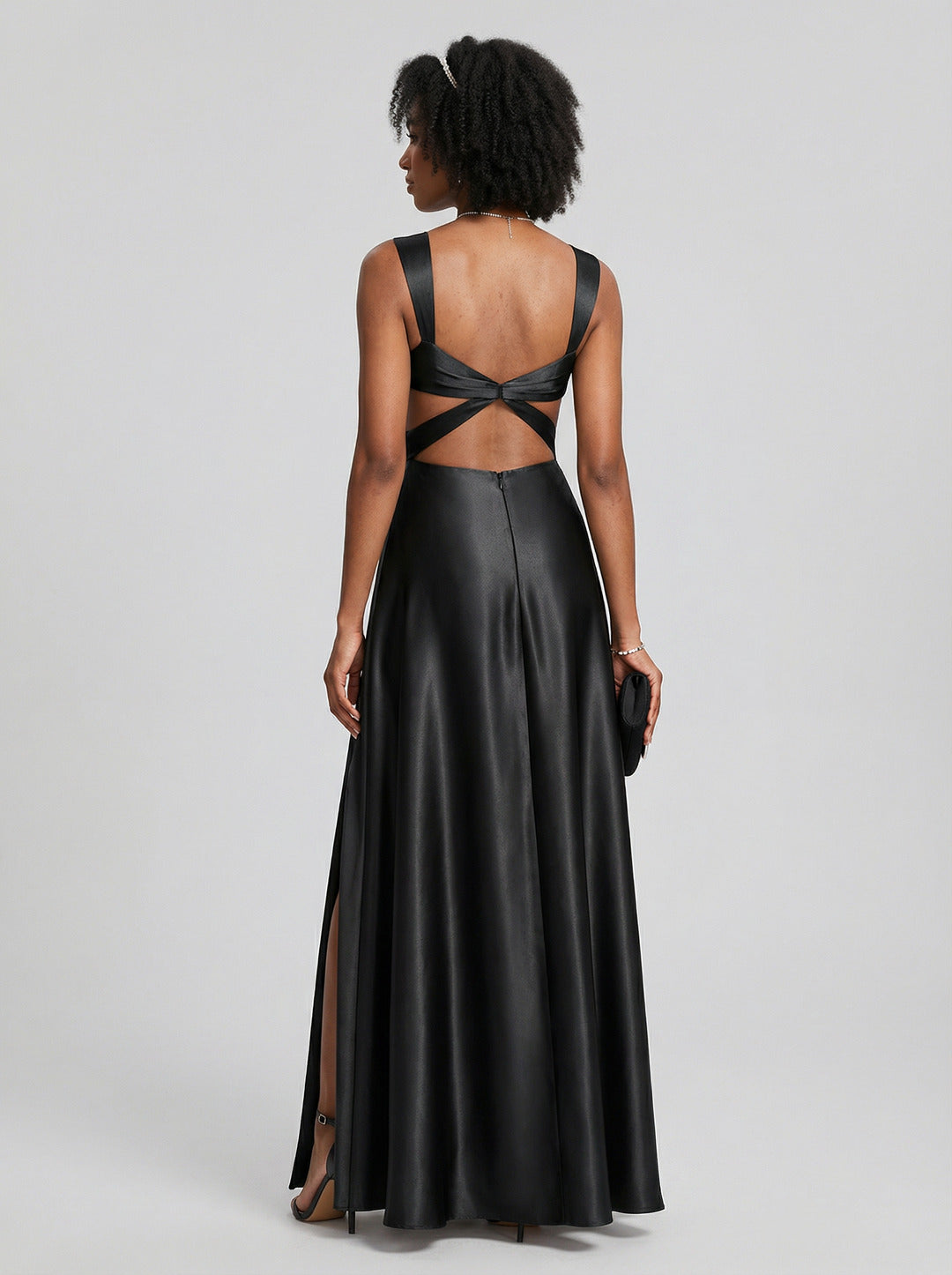 Elegant Black Satin A-Line Scoop Neck Backless Ankle-Length Bridesmaid Dress