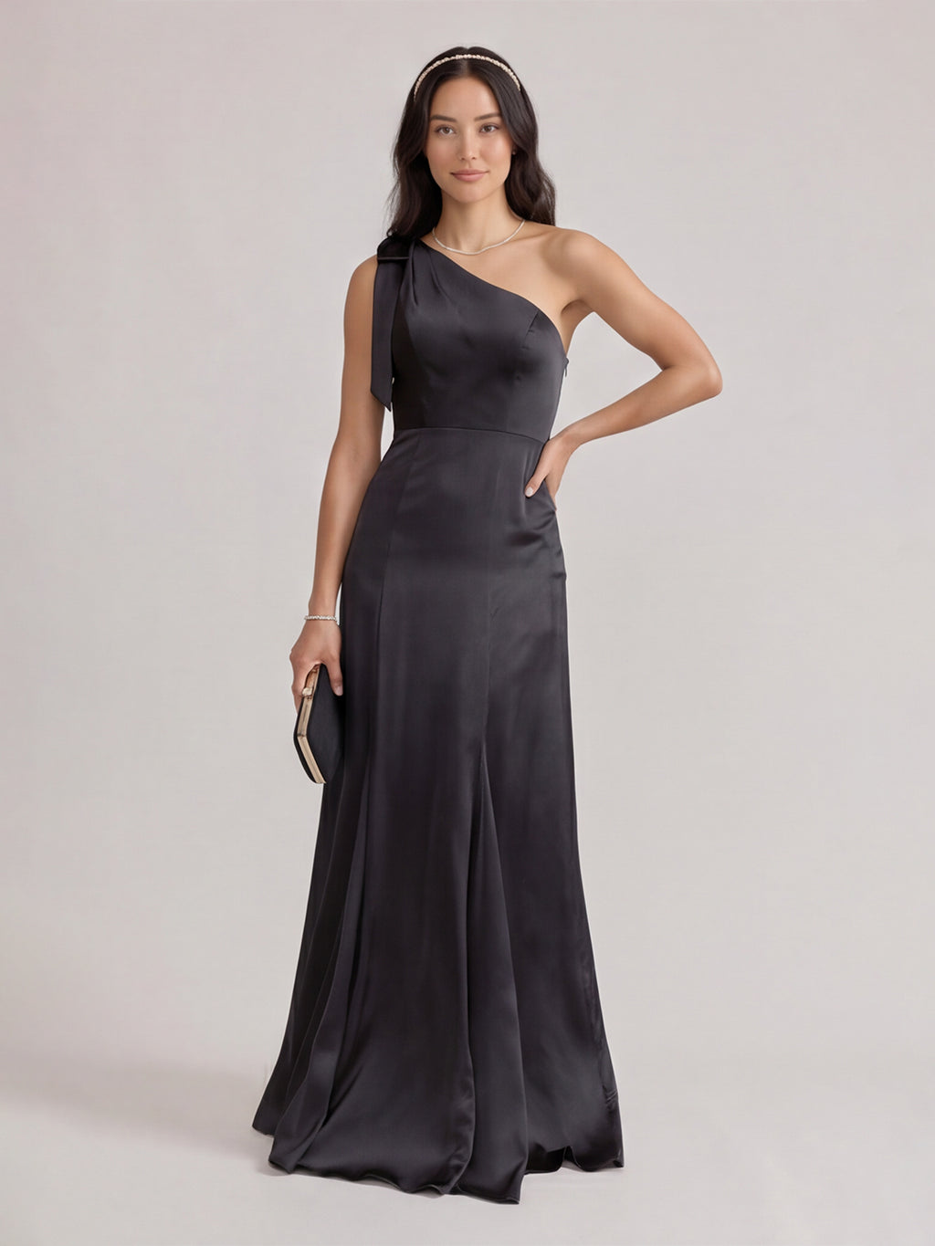 Elegant Black Satin Mermaid One Shoulder Backless PleatedDetail Bridesmaid Dress