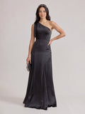 Elegant Black Satin Mermaid One Shoulder Backless PleatedDetail Bridesmaid Dress