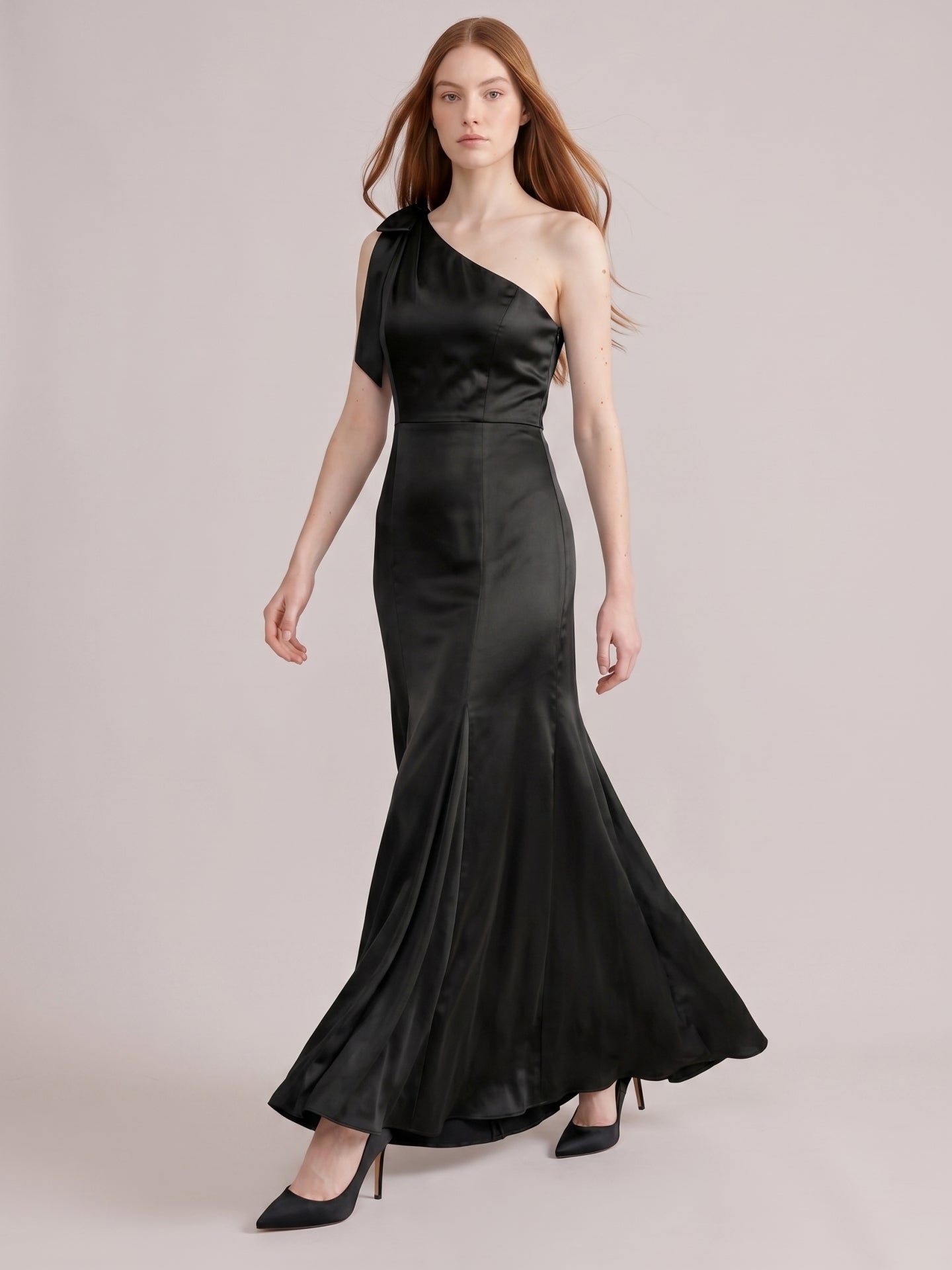 Elegant Black Satin Mermaid One Shoulder Backless PleatedDetail Bridesmaid Dress