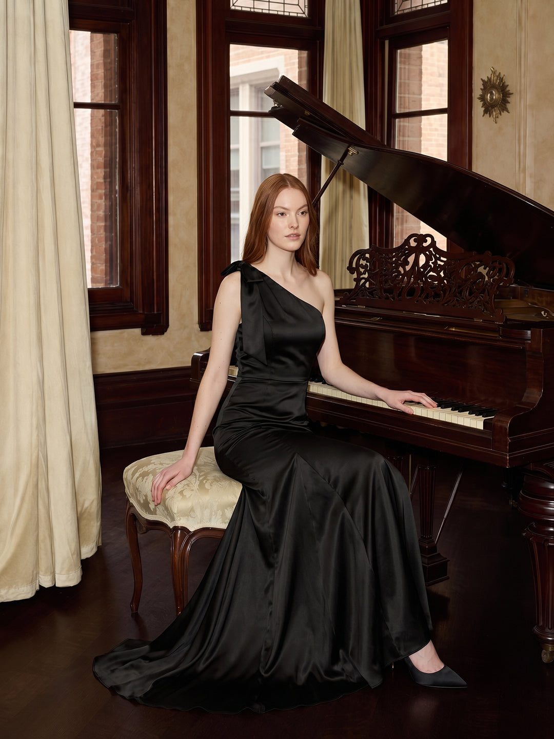 Elegant Black Satin Mermaid One Shoulder Backless PleatedDetail Bridesmaid Dress