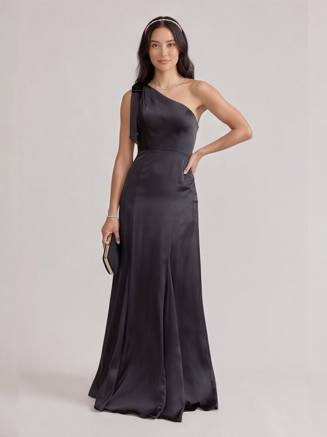 Elegant Black Satin Mermaid One Shoulder Backless PleatedDetail Bridesmaid Dress