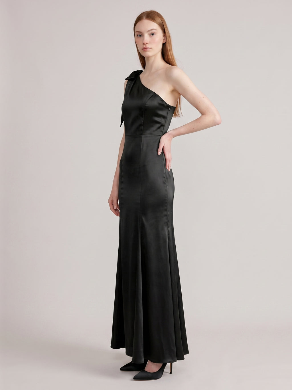 Elegant Black Satin Mermaid One Shoulder Backless PleatedDetail Bridesmaid Dress