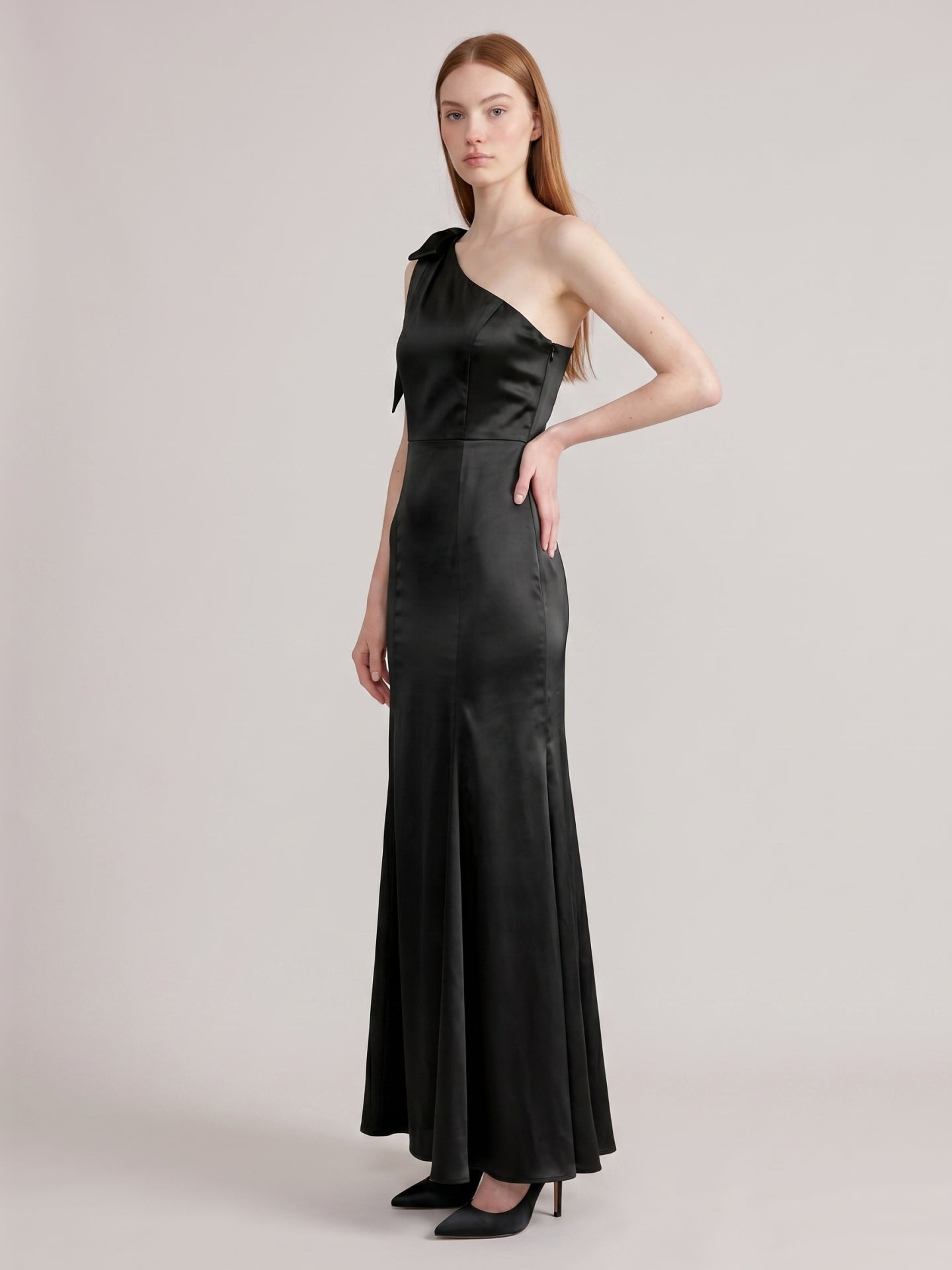 Elegant Black Satin Mermaid One Shoulder Backless PleatedDetail Bridesmaid Dress