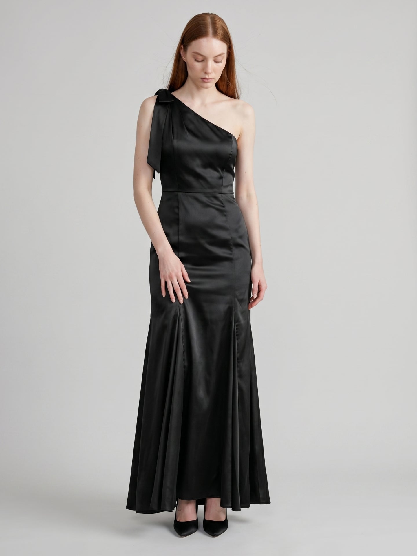 Elegant Black Satin Mermaid One Shoulder Backless PleatedDetail Bridesmaid Dress