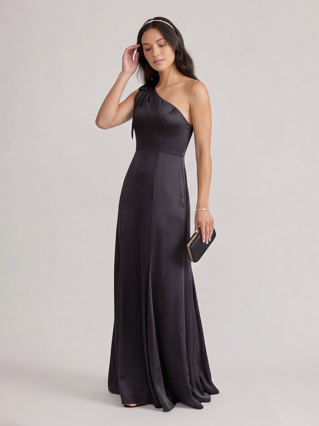 Elegant Black Satin Mermaid One Shoulder Backless PleatedDetail Bridesmaid Dress
