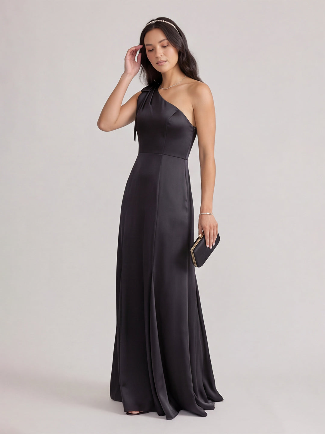 Elegant Black Satin Mermaid One Shoulder Backless PleatedDetail Bridesmaid Dress