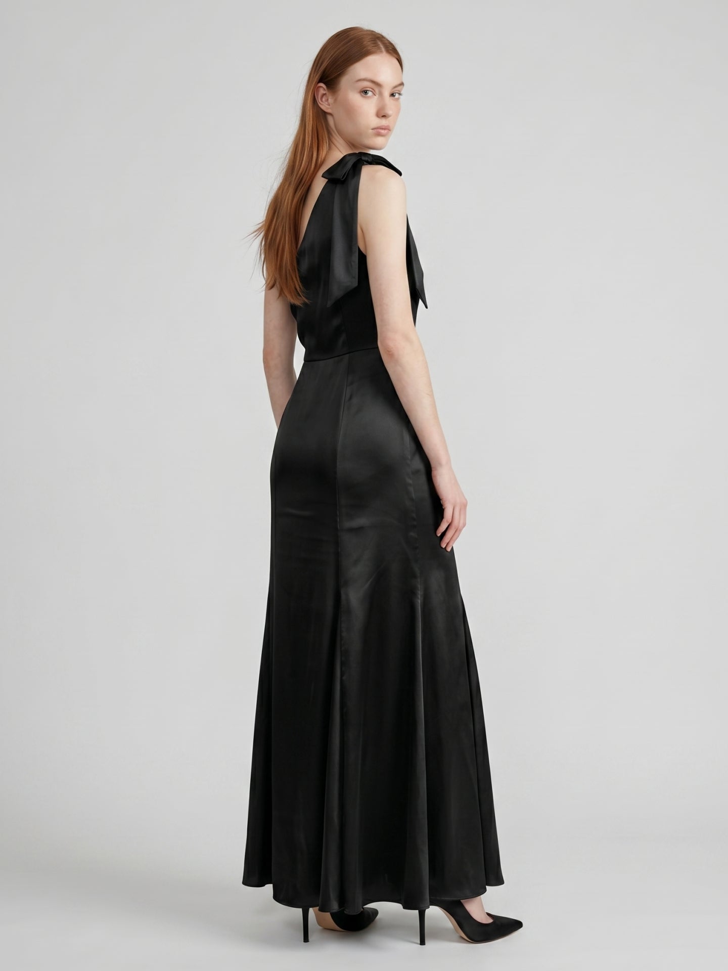 Elegant Black Satin Mermaid One Shoulder Backless PleatedDetail Bridesmaid Dress