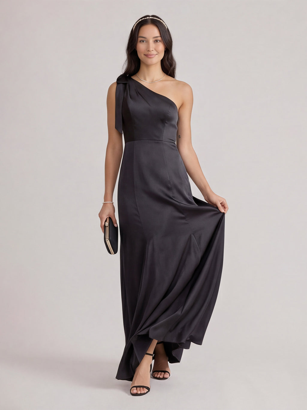 Elegant Black Satin Mermaid One Shoulder Backless PleatedDetail Bridesmaid Dress