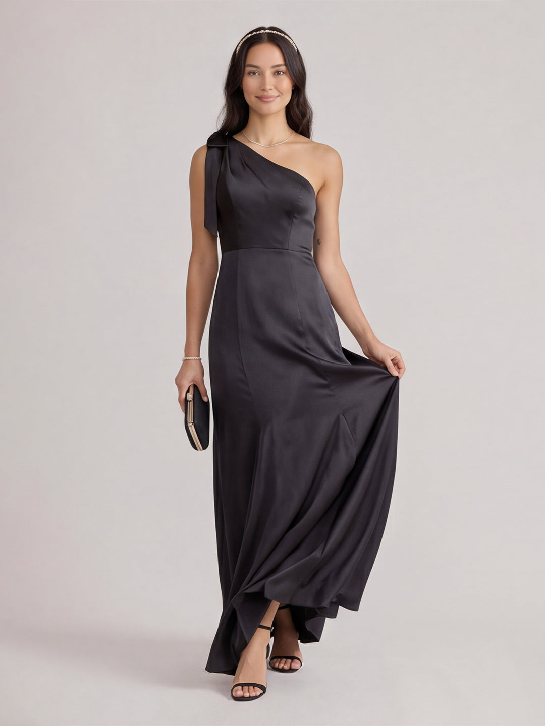 Elegant Black Satin Mermaid One Shoulder Backless PleatedDetail Bridesmaid Dress