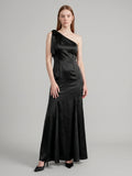 Elegant Black Satin Mermaid One Shoulder Backless PleatedDetail Bridesmaid Dress