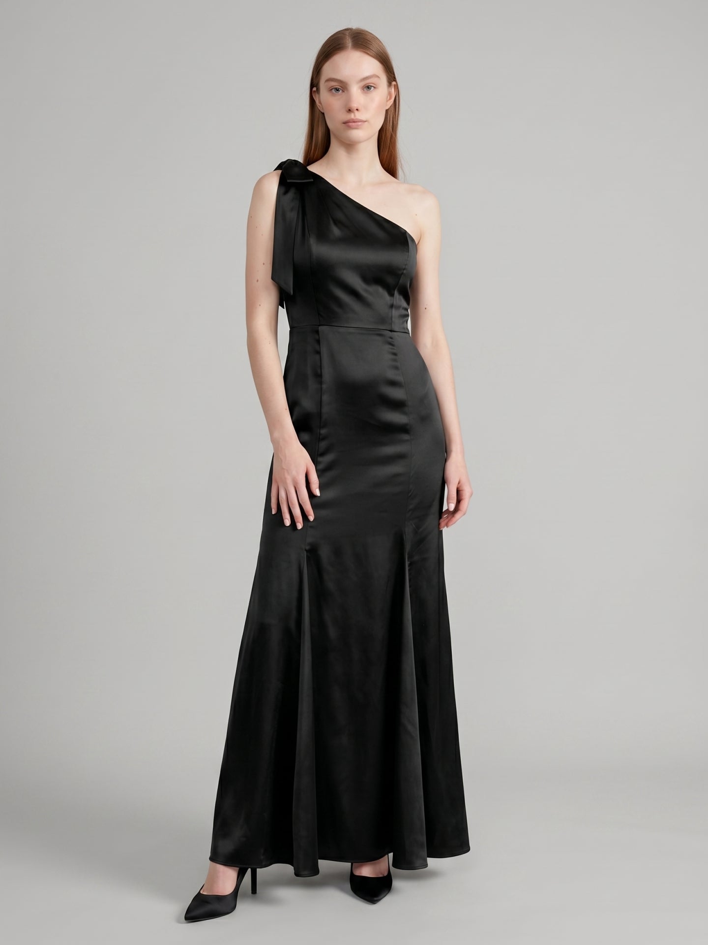 Elegant Black Satin Mermaid One Shoulder Backless PleatedDetail Bridesmaid Dress