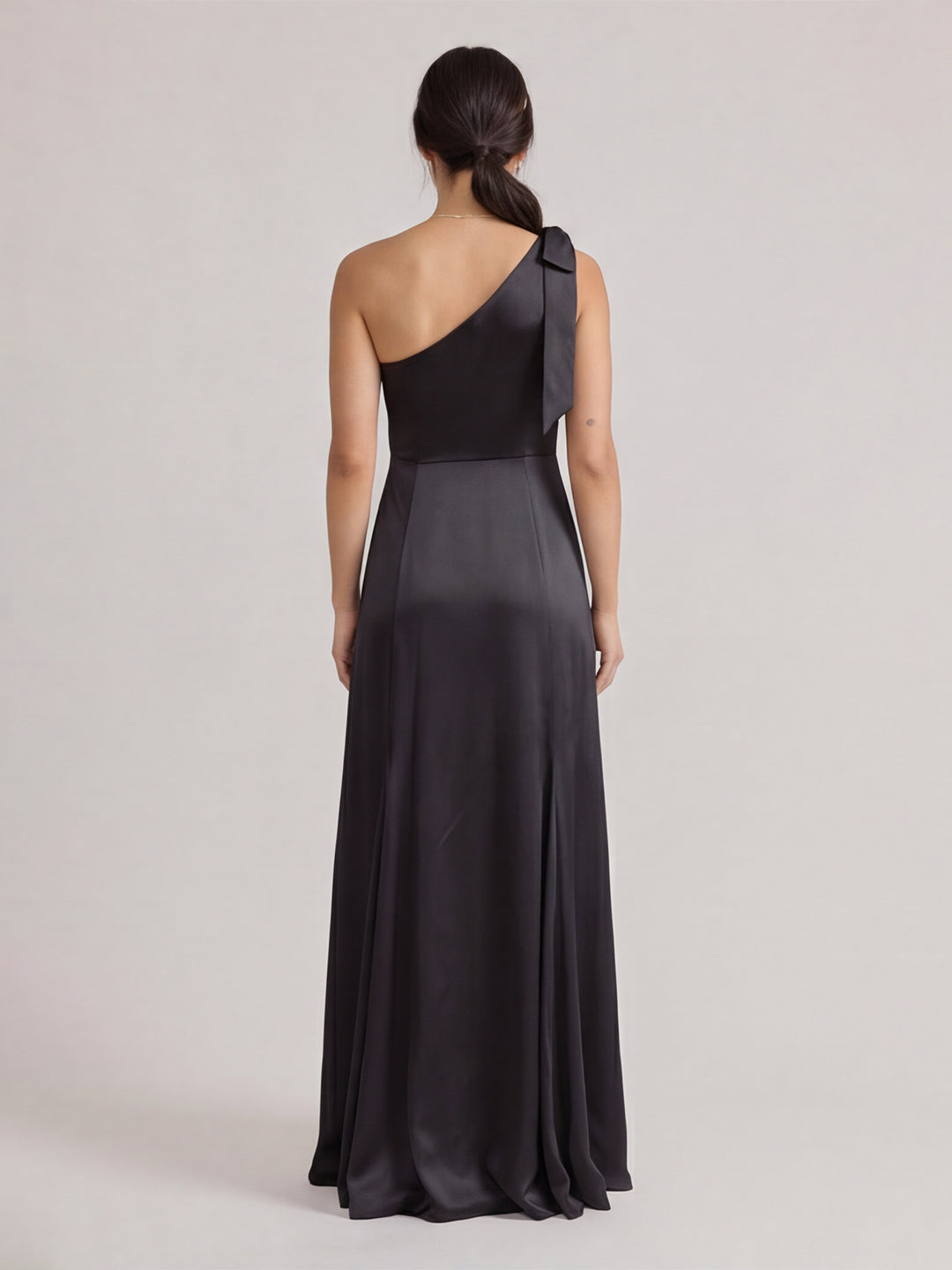 Elegant Black Satin Mermaid One Shoulder Backless PleatedDetail Bridesmaid Dress