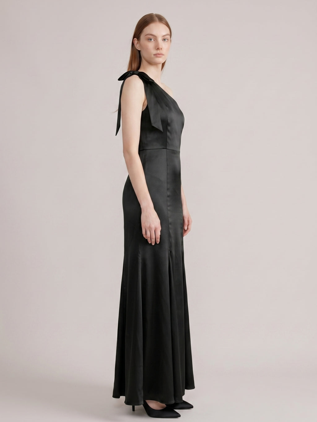 Elegant Black Satin Mermaid One Shoulder Backless PleatedDetail Bridesmaid Dress