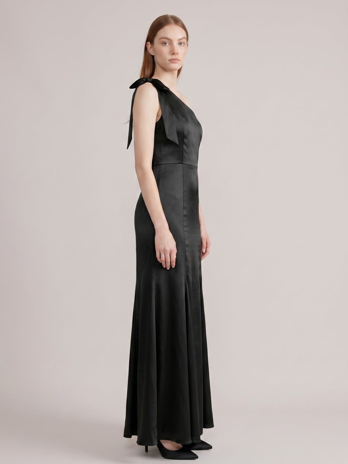 Elegant Black Satin Mermaid One Shoulder Backless PleatedDetail Bridesmaid Dress