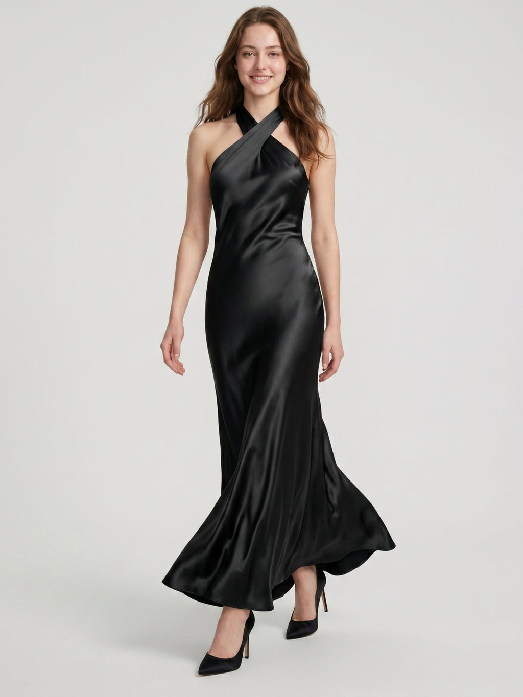Elegant Black Satin Trumpet Halter neckline Side Zip Ankle-Length Bridesmaid Dress