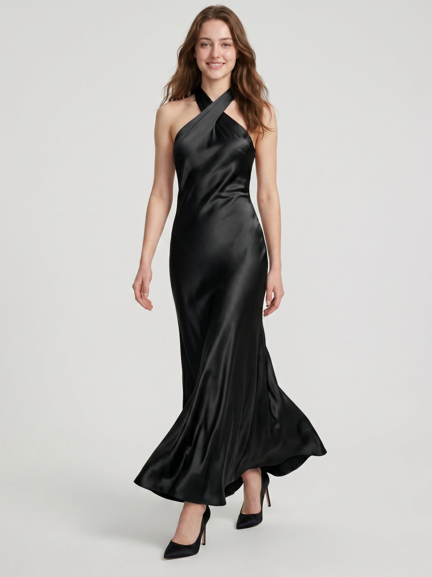 Elegant Black Satin Trumpet Halter neckline Side Zip Ankle-Length Bridesmaid Dress