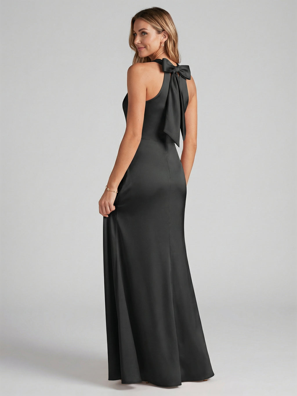 Elegant Black Satin Trumpet Halter neckline Side Zip Ankle-Length Bridesmaid Dress