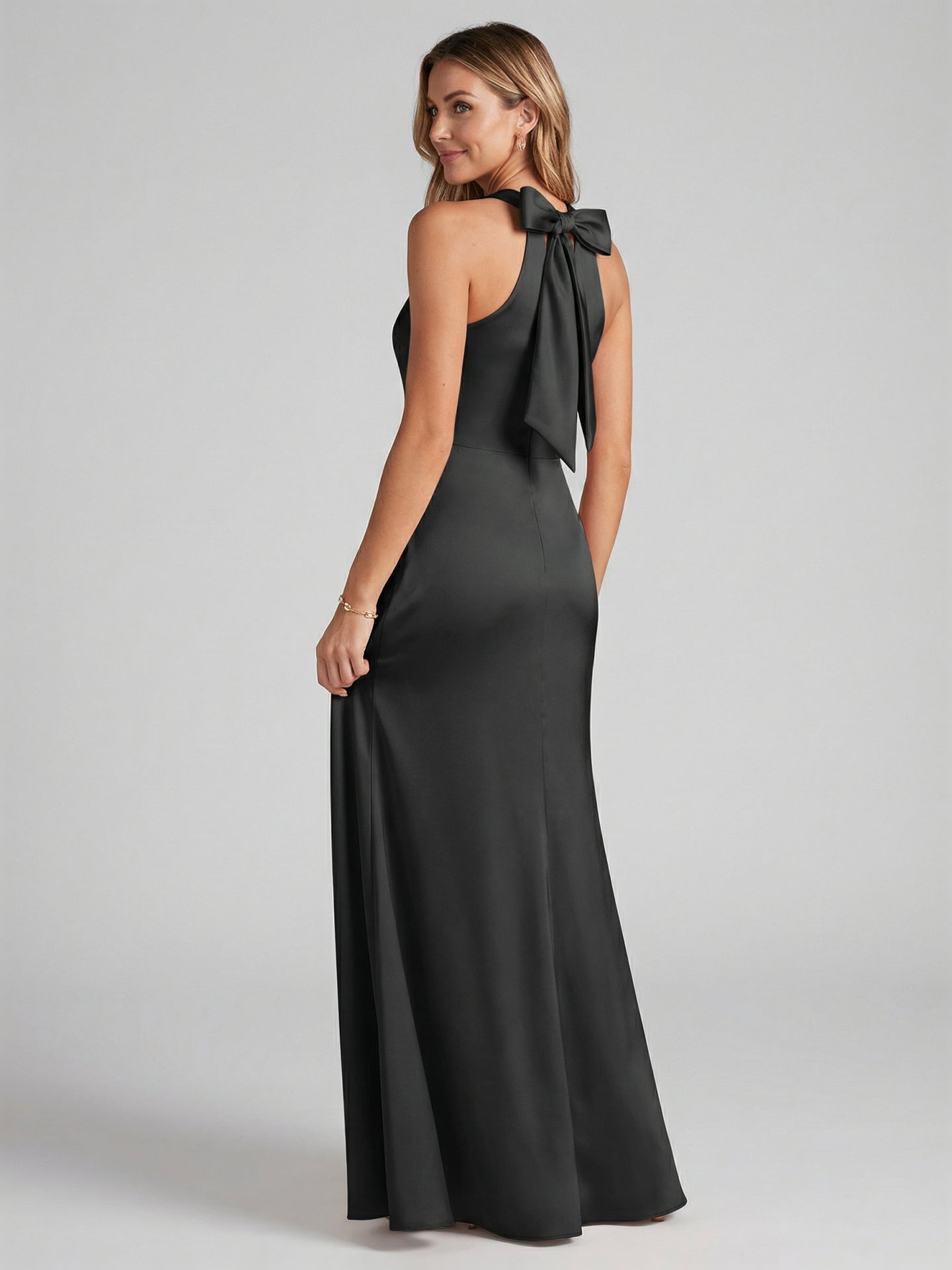 Elegant Black Satin Trumpet Halter neckline Side Zip Ankle-Length Bridesmaid Dress