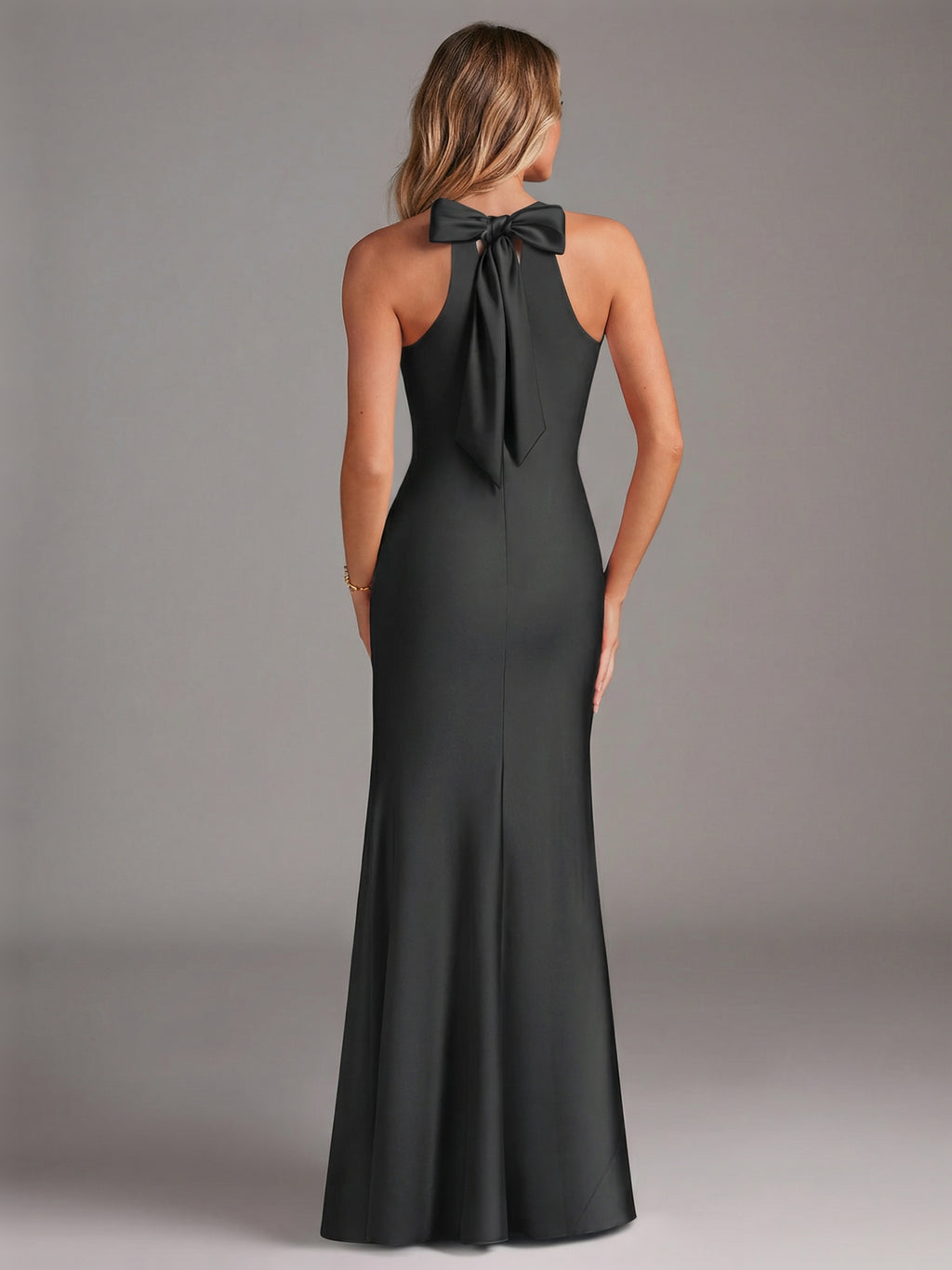 Elegant Black Satin Trumpet Halter neckline Side Zip Ankle-Length Bridesmaid Dress