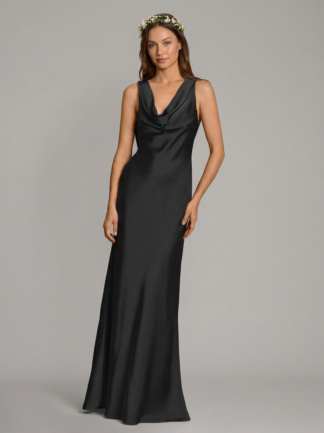 Elegant Black Satin column Cowl Neck Backless Ankle-Length Bridesmaid Dress