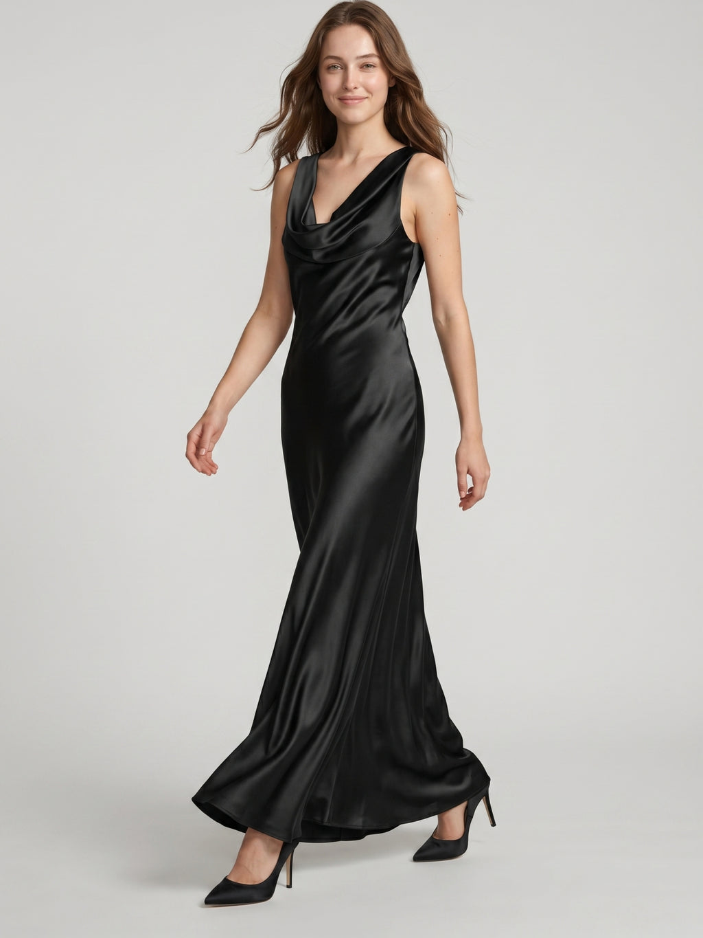 Elegant Black Satin column Cowl Neck Backless Ankle-Length Bridesmaid Dress