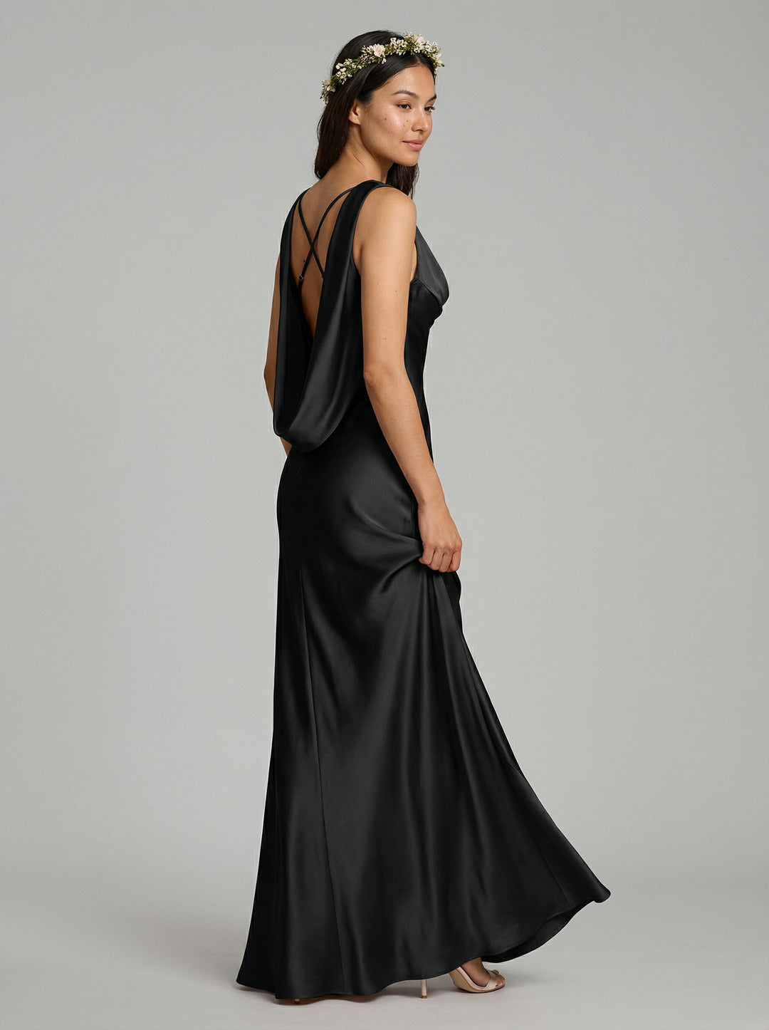 Elegant Black Satin column Cowl Neck Backless Ankle-Length Bridesmaid Dress