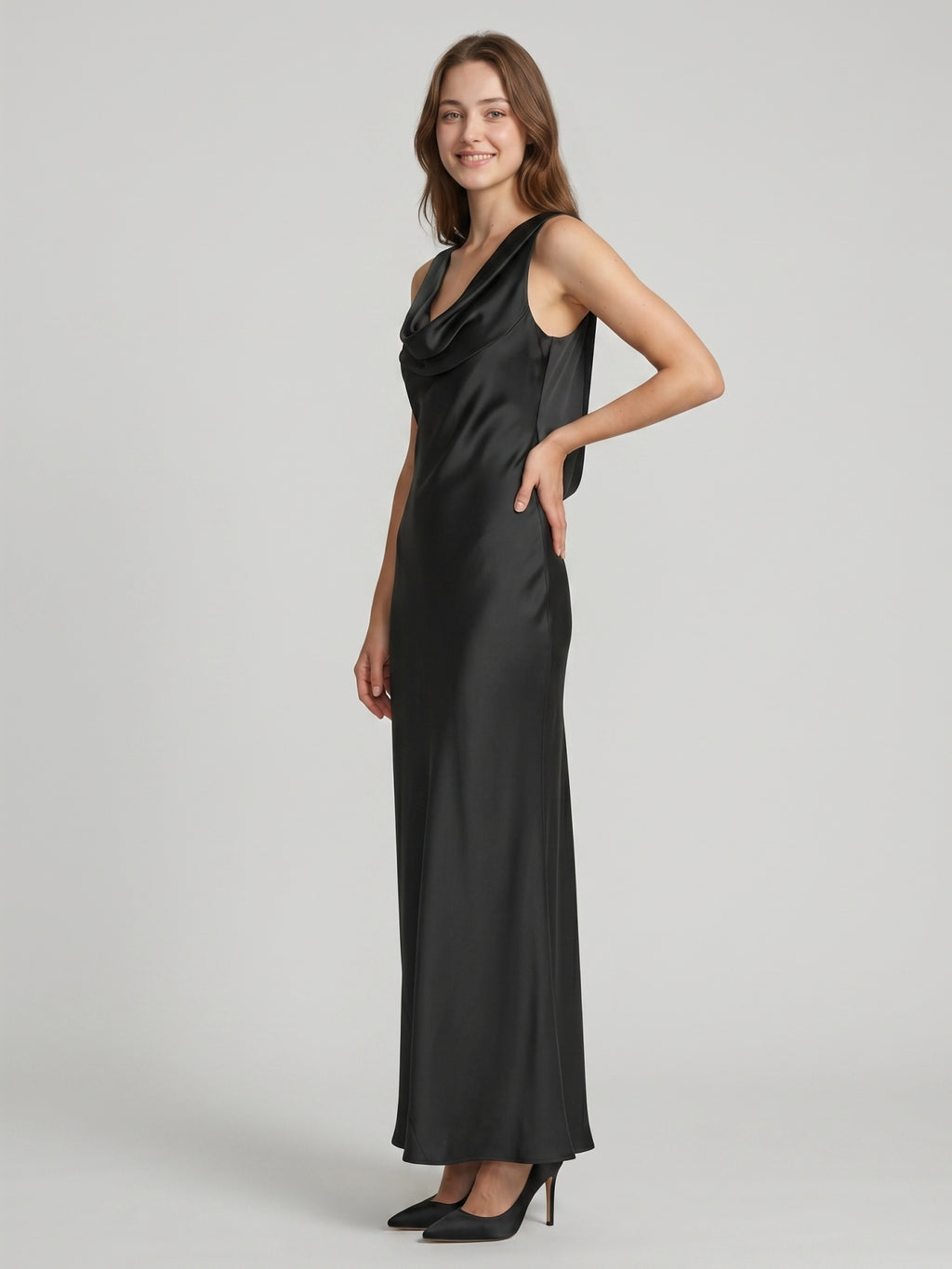Elegant Black Satin column Cowl Neck Backless Ankle-Length Bridesmaid Dress
