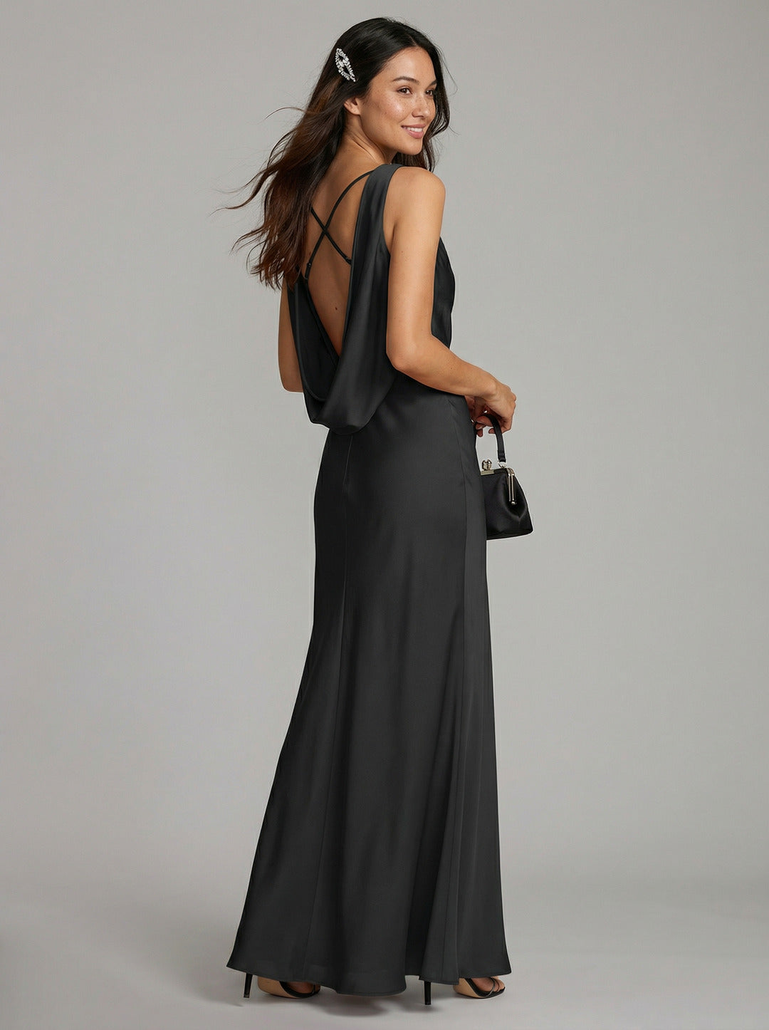 Elegant Black Satin column Cowl Neck Backless Ankle-Length Bridesmaid Dress