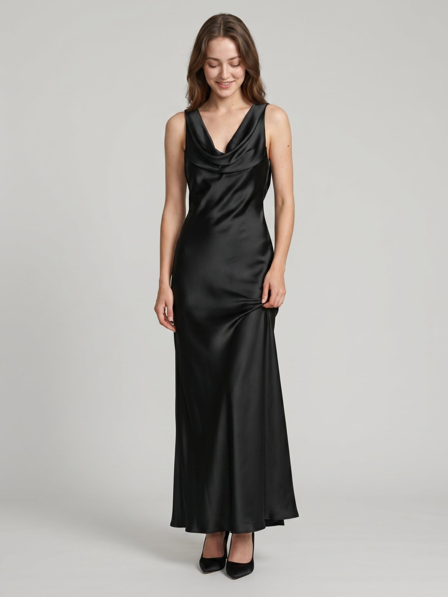 Elegant Black Satin column Cowl Neck Backless Ankle-Length Bridesmaid Dress