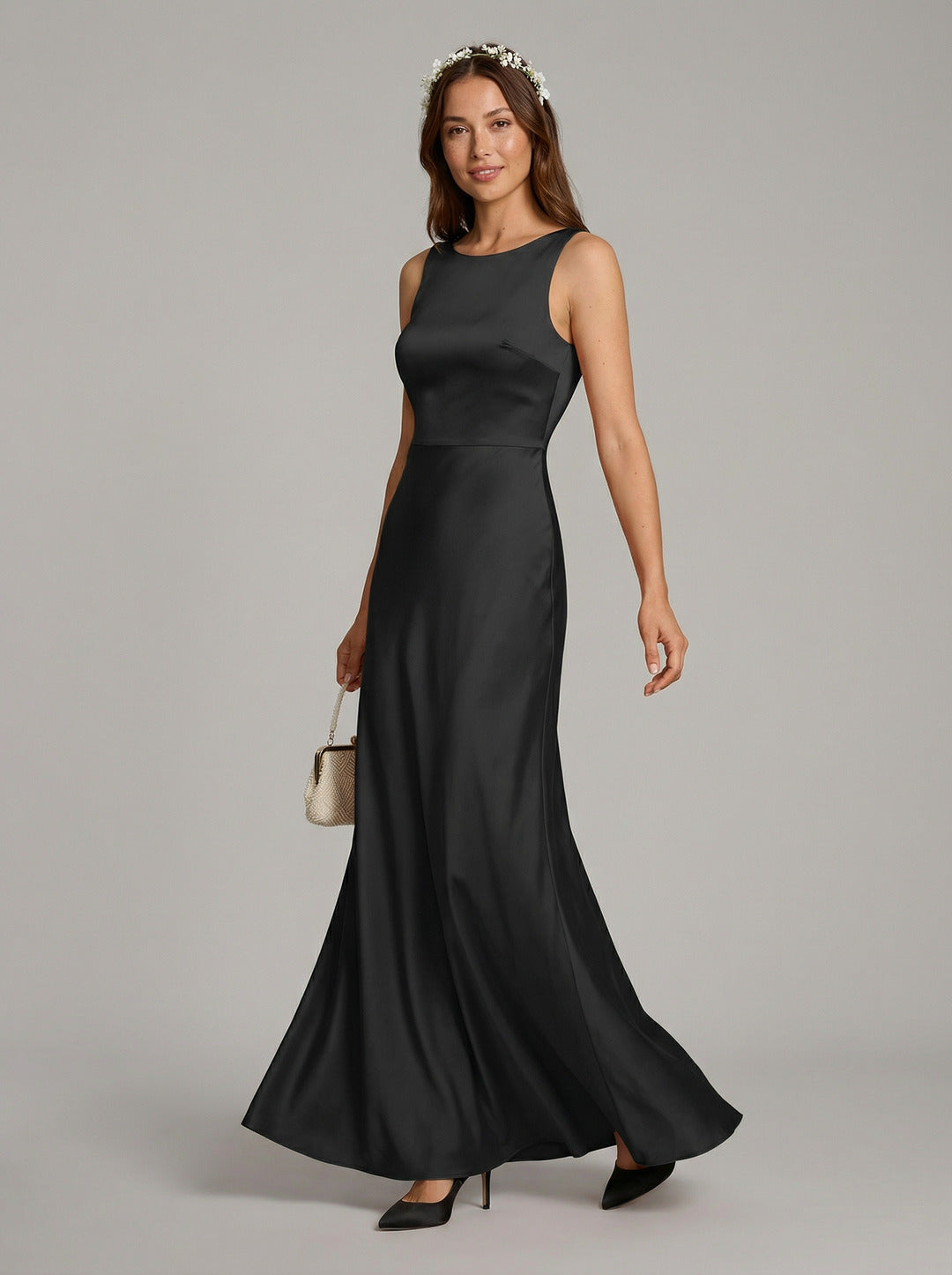 Elegant Black Satin column Cowl Neck Backless Ankle-Length Bridesmaid Dress