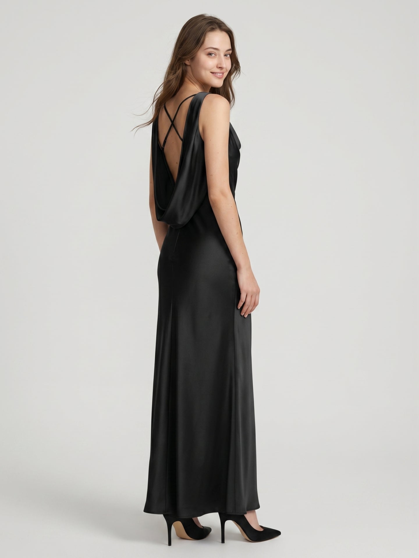 Elegant Black Satin column Cowl Neck Backless Ankle-Length Bridesmaid Dress