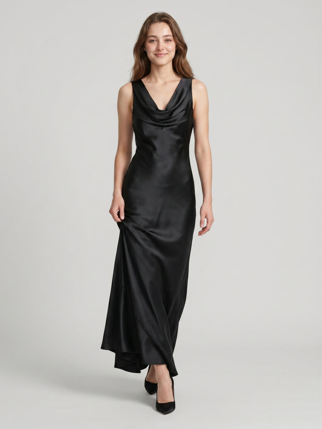 Elegant Black Satin column Cowl Neck Backless Ankle-Length Bridesmaid Dress