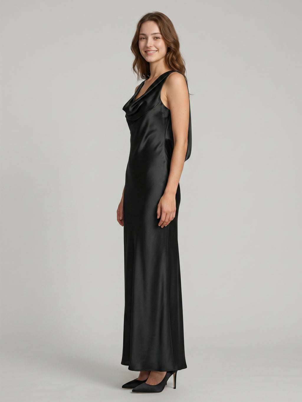 Elegant Black Satin column Cowl Neck Backless Ankle-Length Bridesmaid Dress