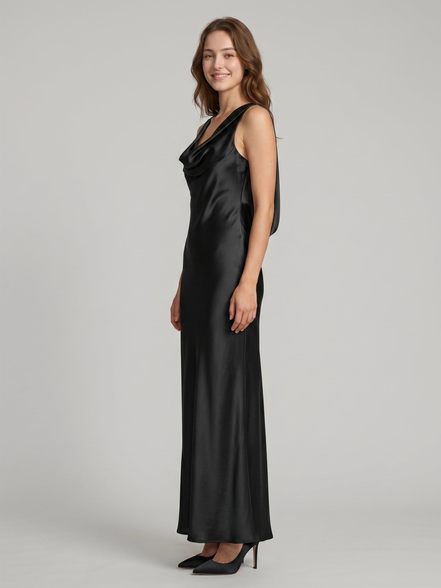 Elegant Black Satin column Cowl Neck Backless Ankle-Length Bridesmaid Dress