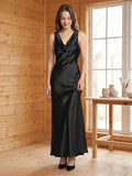 Elegant Black Satin column Cowl Neck Backless Ankle-Length Bridesmaid Dress