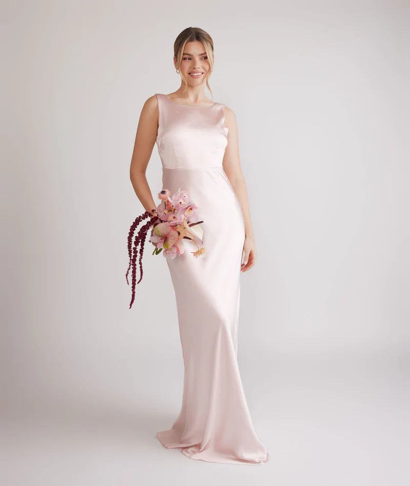 Elegant Blush Pink Bateau Neck Satin Sleeveless Low Back Bodycon Floor-length Bridesmaid Dresses