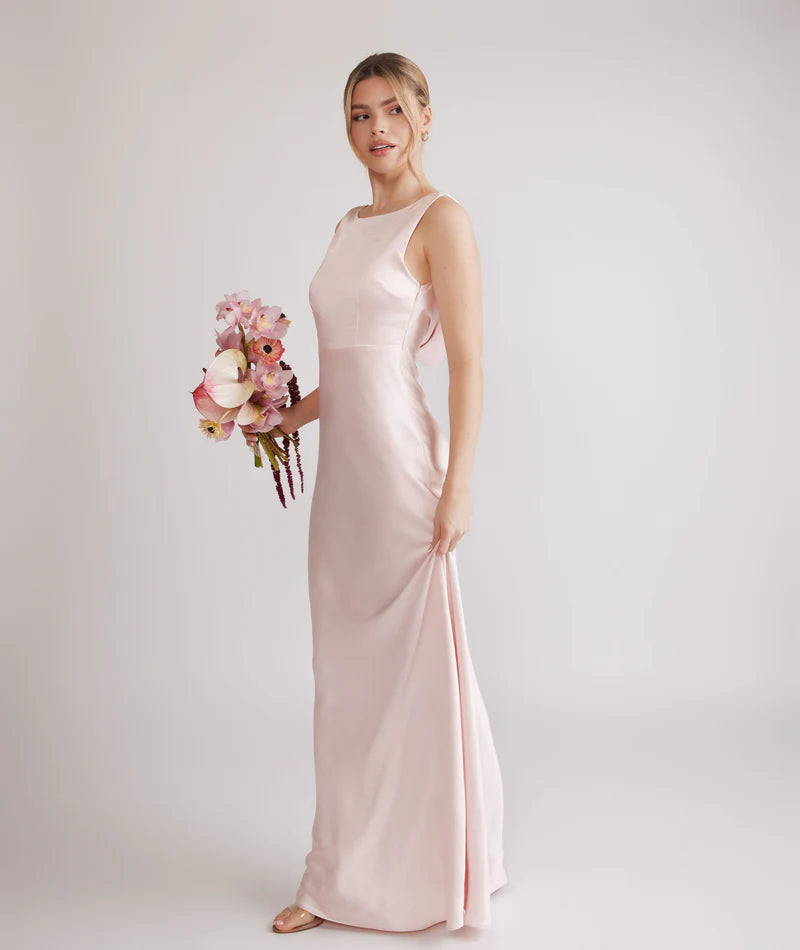 Elegant Blush Pink Bateau Neck Satin Sleeveless Low Back Bodycon Floor-length Bridesmaid Dresses