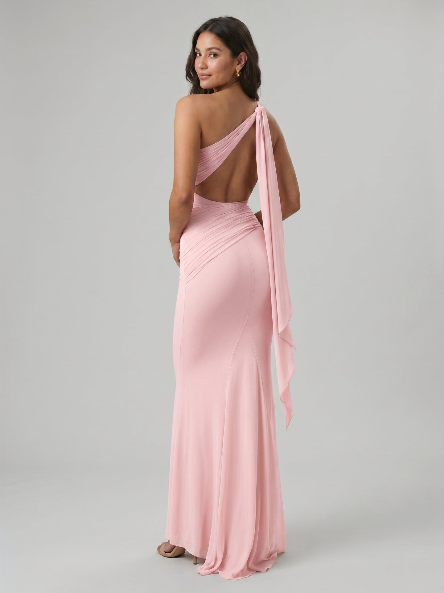 Elegant Blushing Pink Chiffon column One Shoulder Ankle-Length Bridesmaid Dress