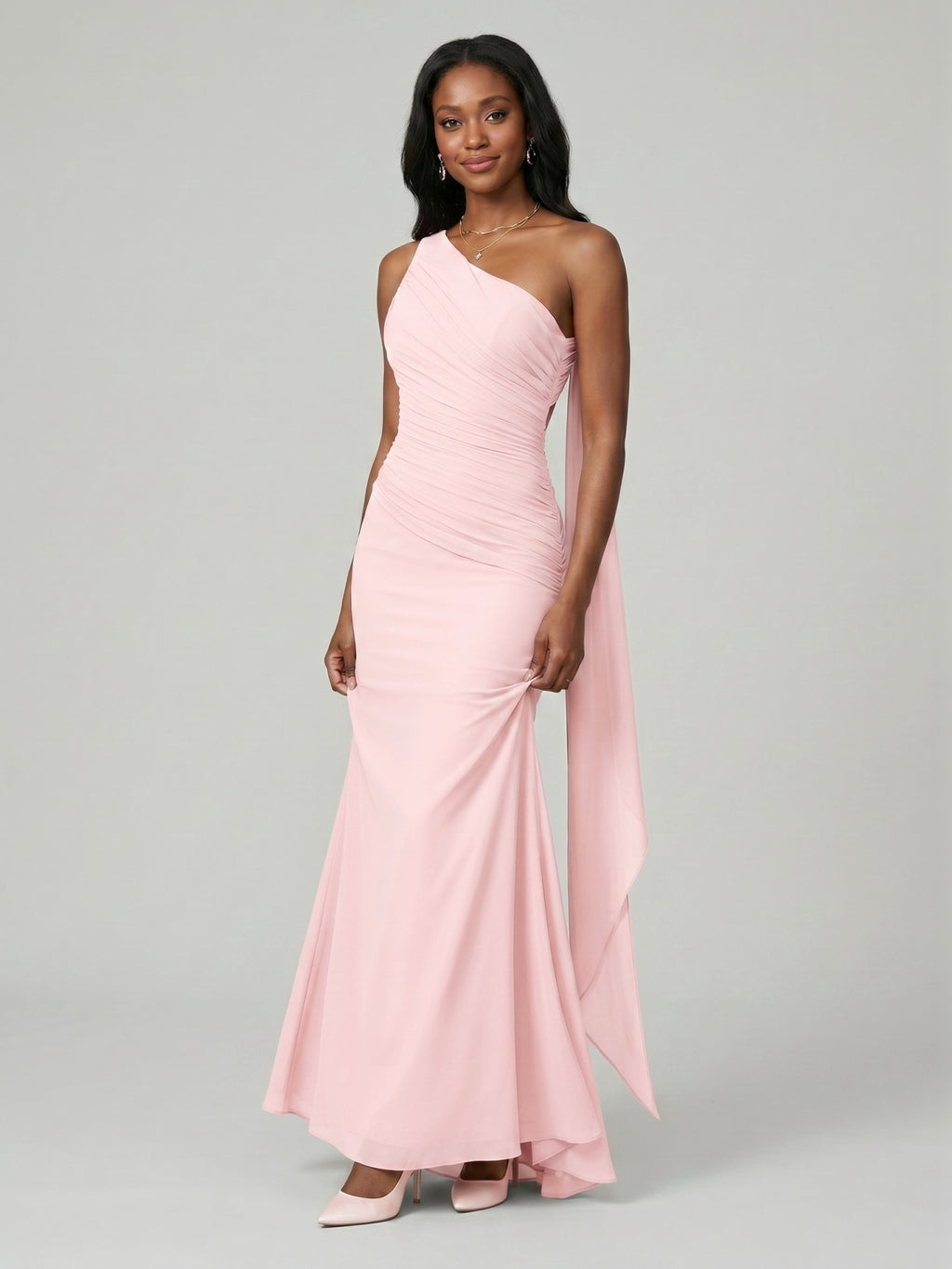Elegant Blushing Pink Chiffon column One Shoulder Ankle-Length Bridesmaid Dress