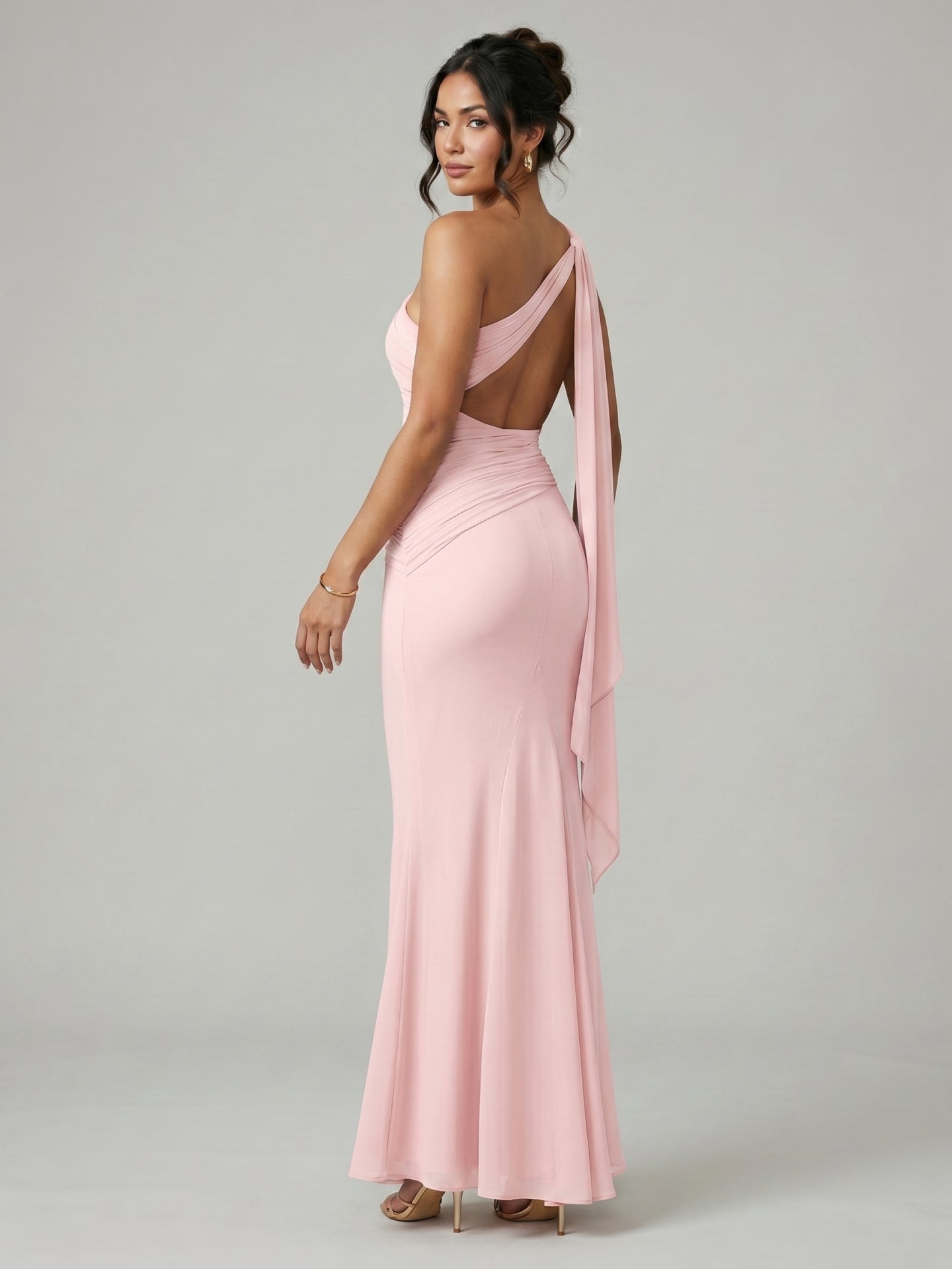 Elegant Blushing Pink Chiffon column One Shoulder Ankle-Length Bridesmaid Dress
