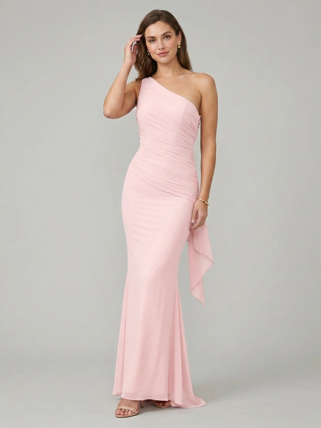 Elegant Blushing Pink Chiffon column One Shoulder Ankle-Length Bridesmaid Dress