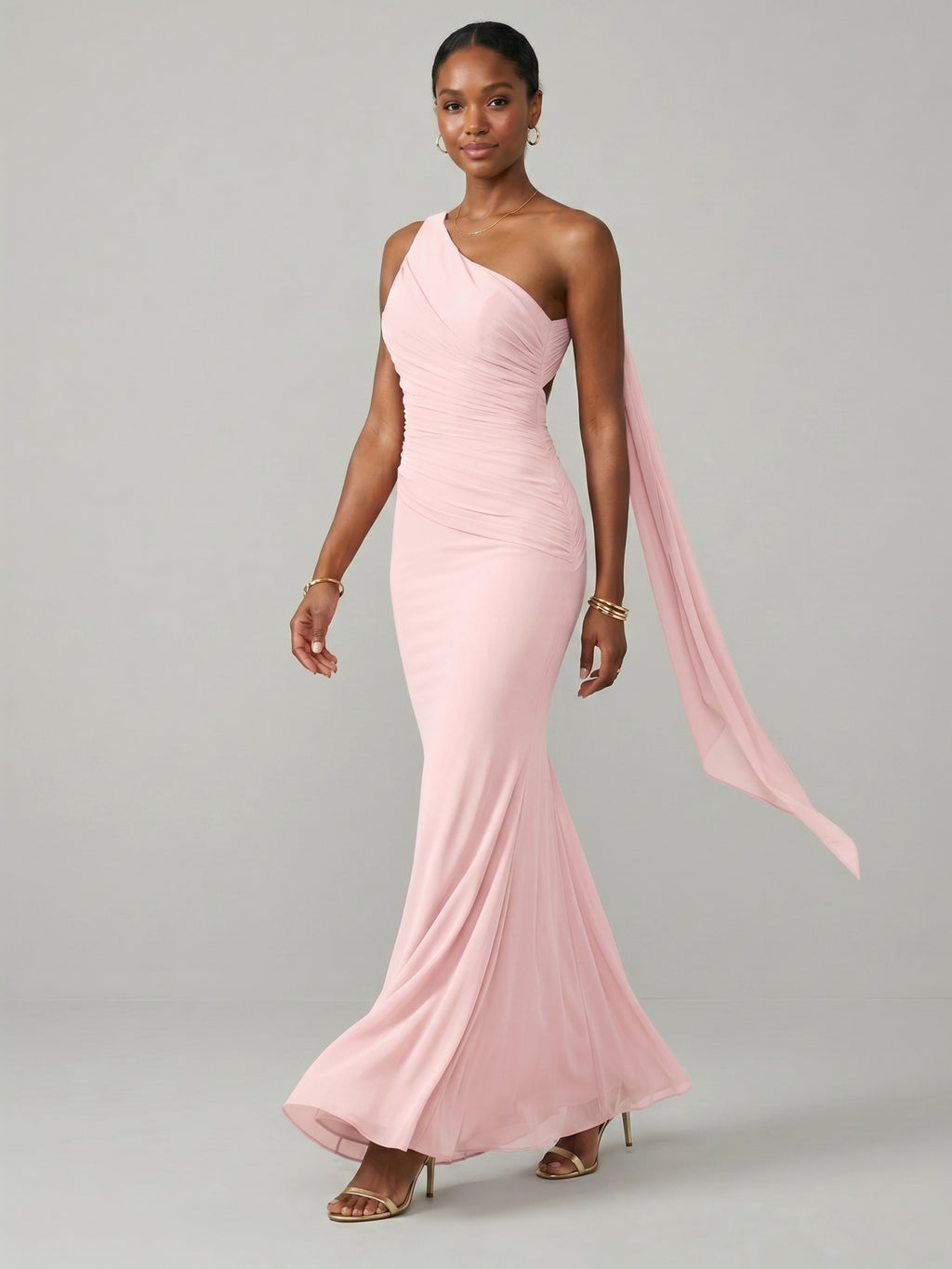 Elegant Blushing Pink Chiffon column One Shoulder Ankle-Length Bridesmaid Dress