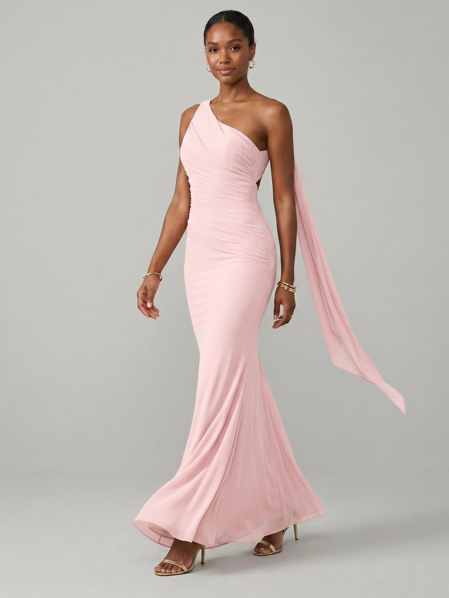 Elegant Blushing Pink Chiffon column One Shoulder Ankle-Length Bridesmaid Dress