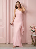 Elegant Blushing Pink Chiffon column One Shoulder Ankle-Length Bridesmaid Dress