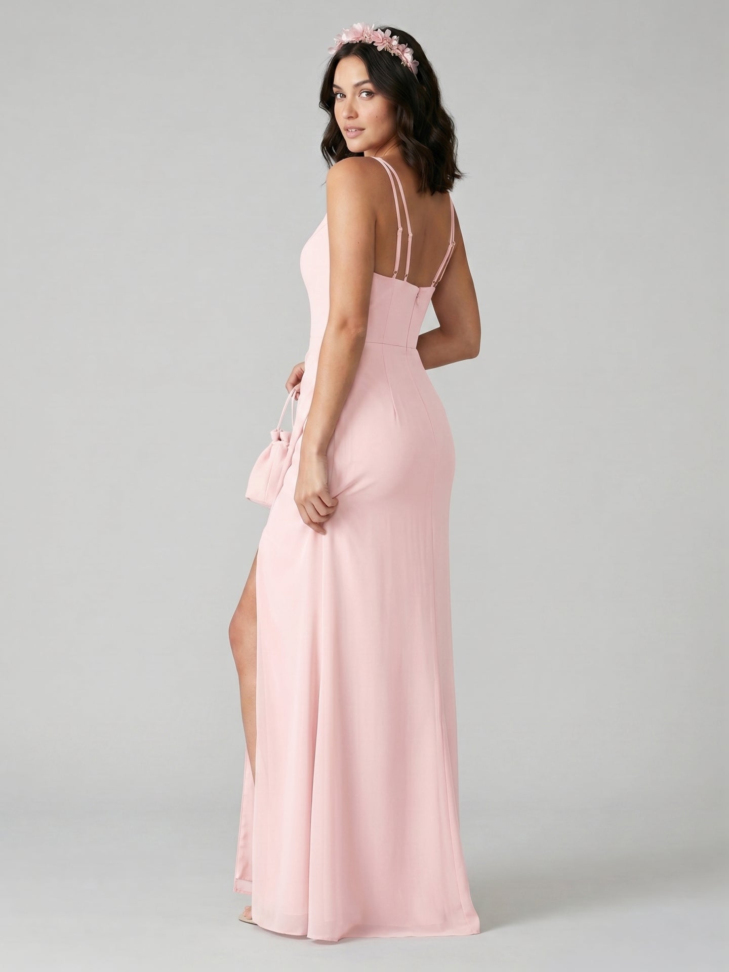Elegant Blushing Pink Chiffon column Sweetheart Back Zip Ankle-Length Bridesmaid Dress