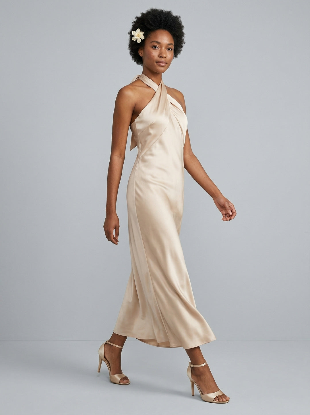 Elegant Champagne Satin Sheath Halter neckline Backless Ankle-Length Bridesmaid Dress